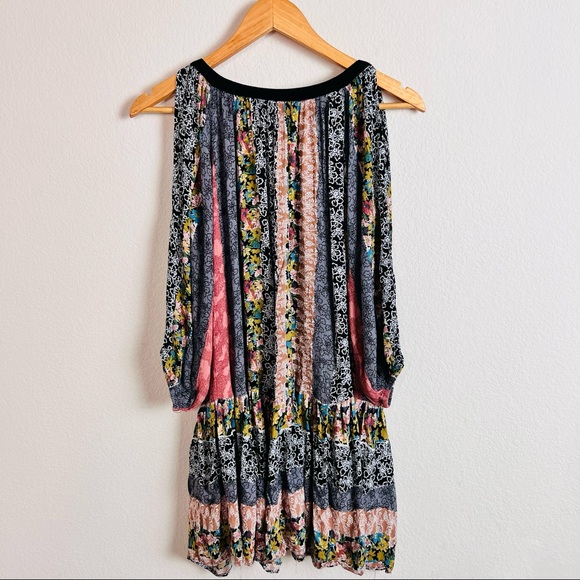 Mixed Media Multicolored Floral Cold Shoulder Cut Out Shoulder Swing Mini Dress - Picture 3 of 12